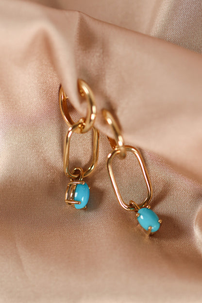 Gold Paperclip Link Earrings- Turquoise