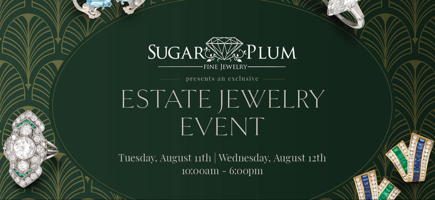 Promotional graphic for the Sugar's Plum Estate Jewelry Event, featuring elegant Art Deco patterns on a dark green background with text detailing the event dates and time, and decorative illustrations of jewelry.