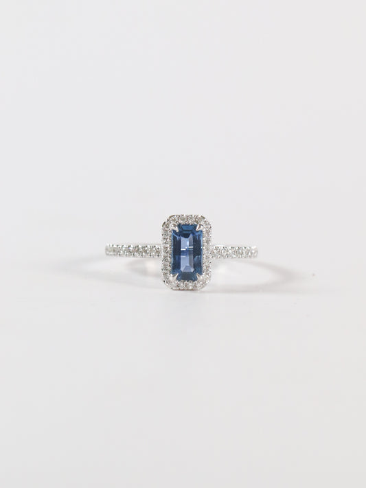 Emerald Cut Yogo Sapphire Halo Ring