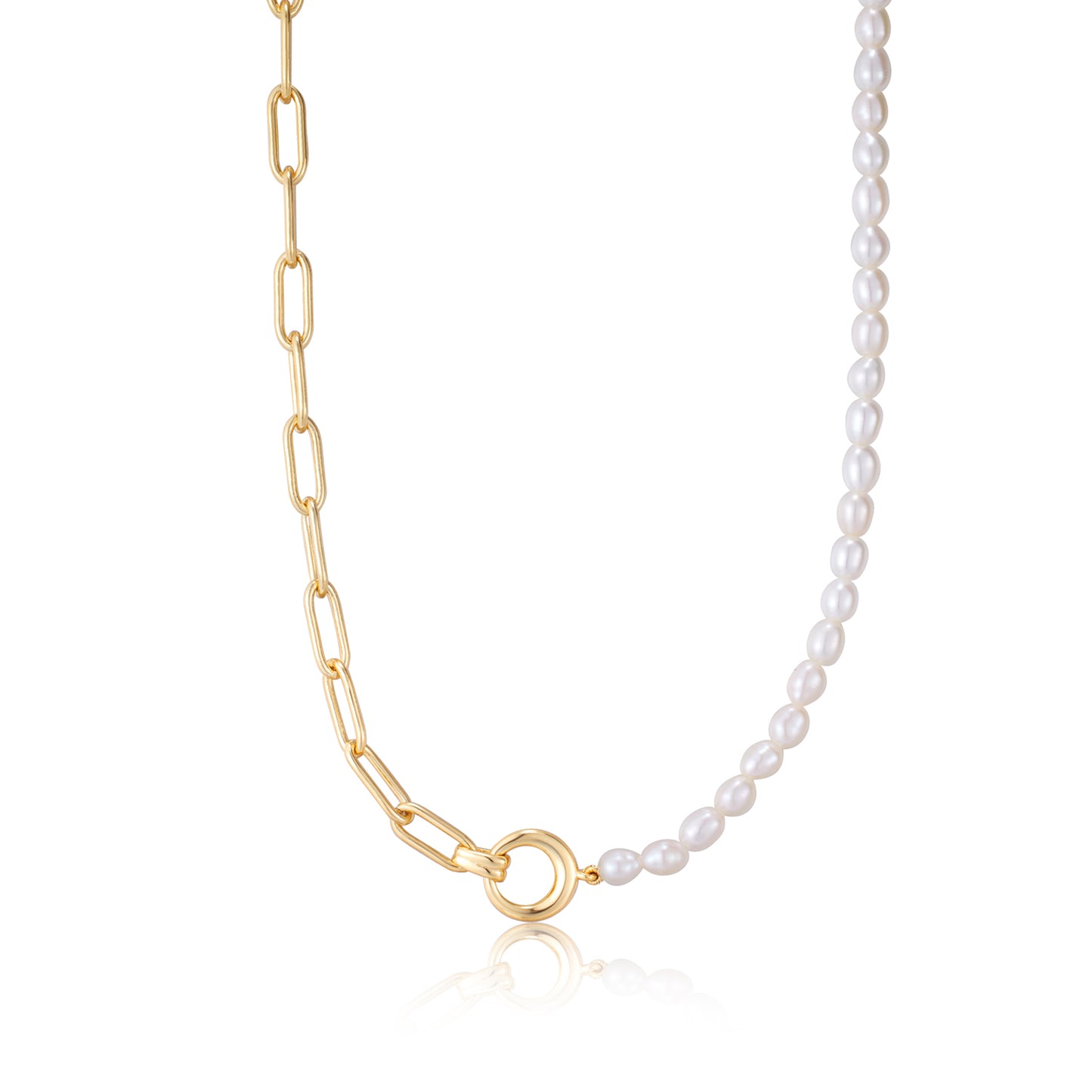 Gold Pearl Half and Half Chain Necklace