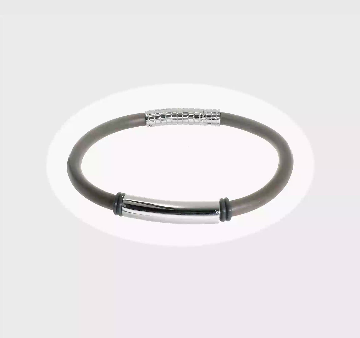 Stainless Steel Polished Black and Brown Rubber 8.5 inch Bracelet