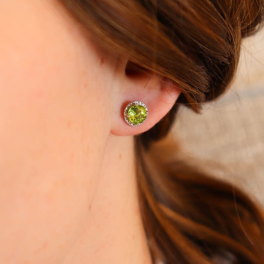 Peridot + Diamond Halo Studs